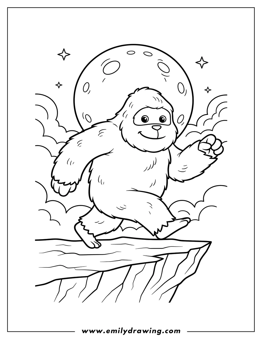 Free printable coloring sheet of simple Yeti striding on cliff with full moon sky