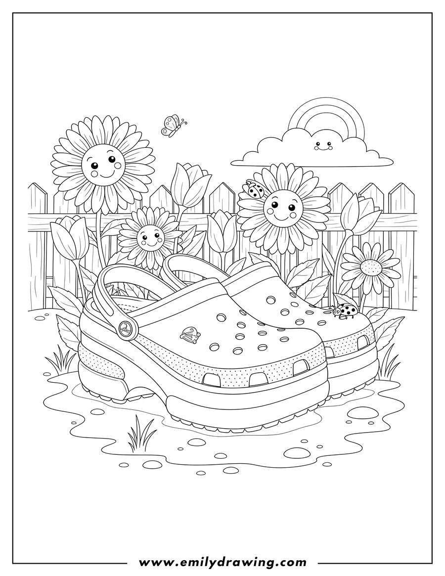 Coloring sheet featuring A pair of Crocs Siren clogs in a garden with flowers