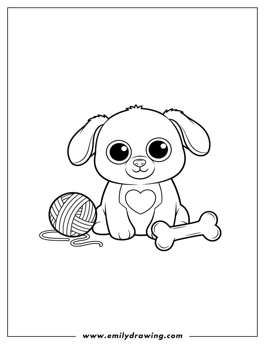 Downloadable coloring page of beanie Boo Sissy Dog sitting with a yarn ball and bone