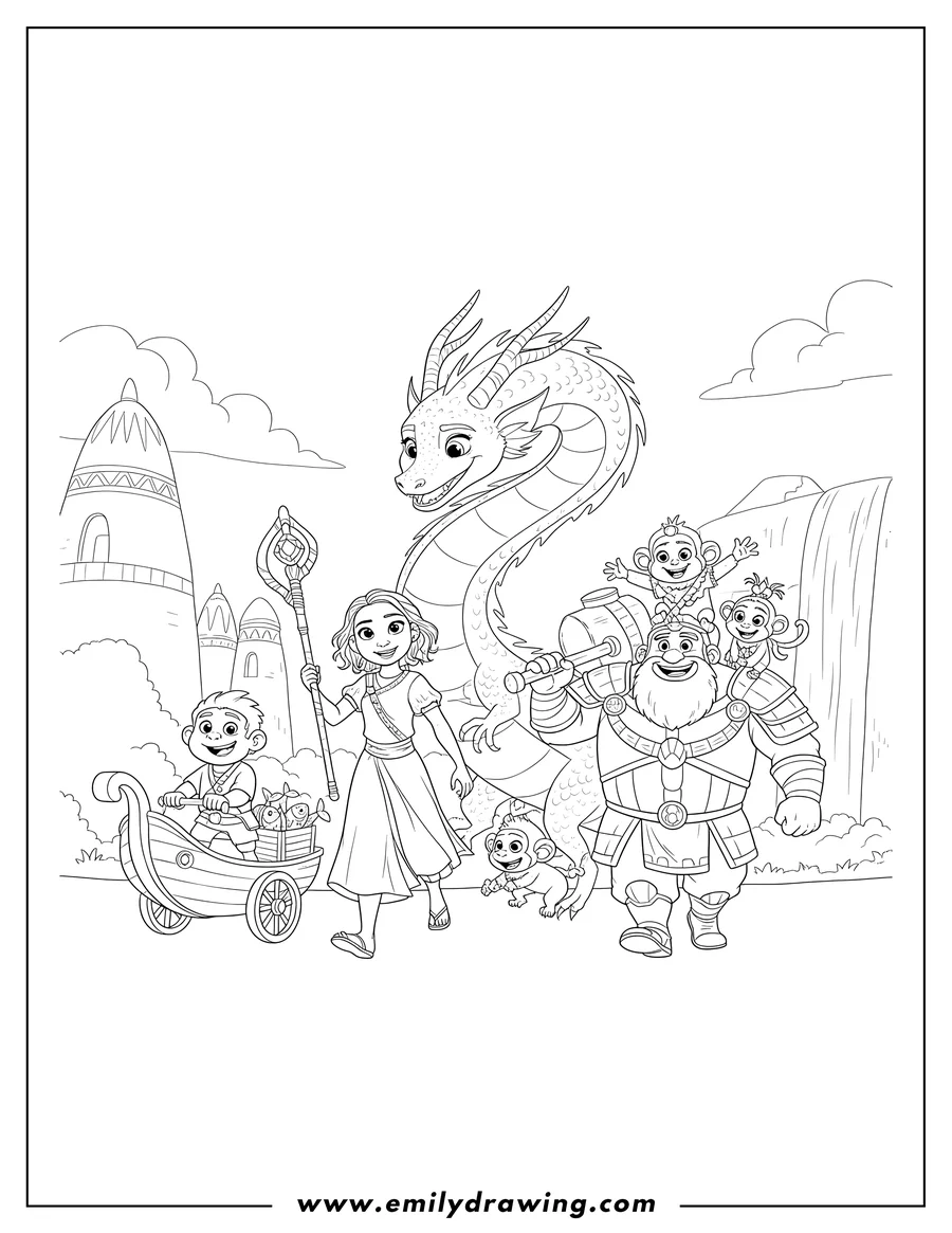Full page coloring image of sisu, Raya holding her staff, Boun, Tong, Noi, and Ongis walking together