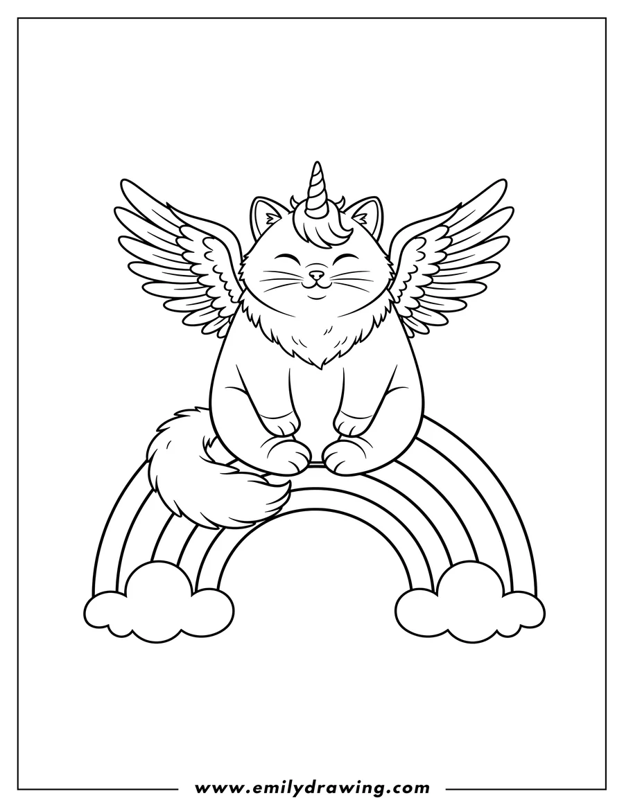 Doodle style coloring picture of sitting winged unicorn cat with closed eyes on a rainbow