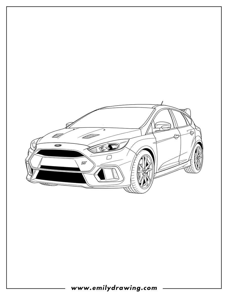 Coloring page of sleek, sporty Ford Focus Rs Car, front three-quarter view
