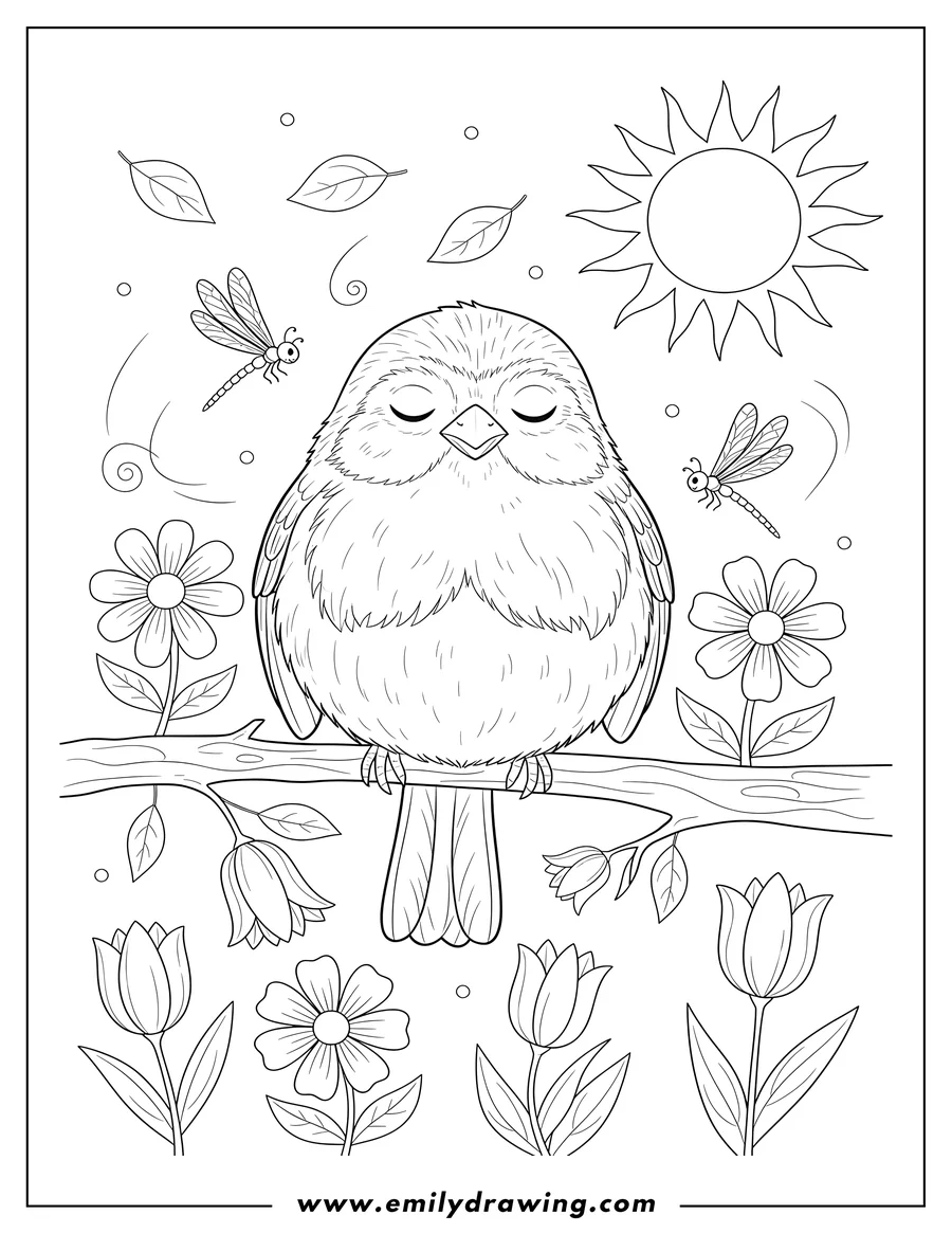 Free printable coloring sheet of sleepy Robin with closed eyes on a tree branch, with flowers, dragonflies, and sun