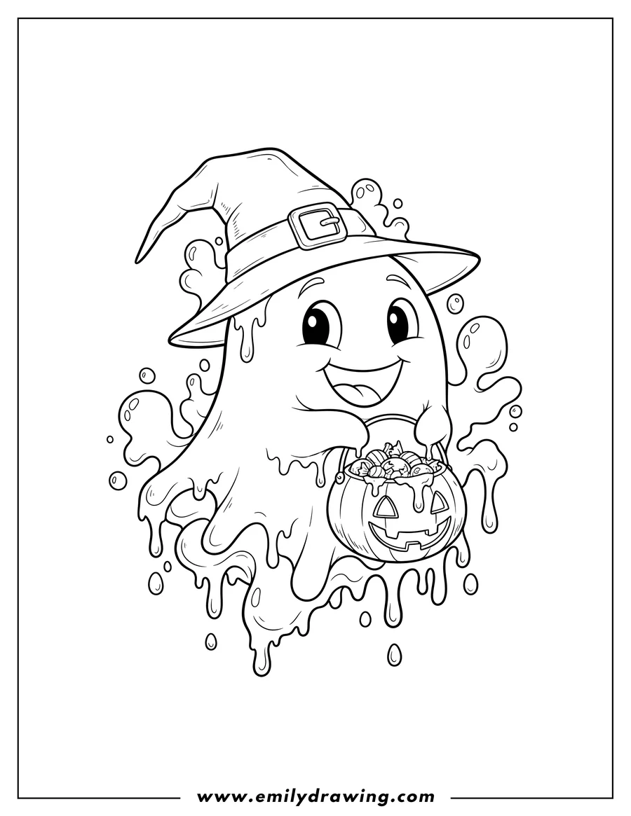 Simple sketch of slimy Trick Or Treat Greeting with a jack-o'-lantern candy bucket, a happy ghost, and a witch's hat to color