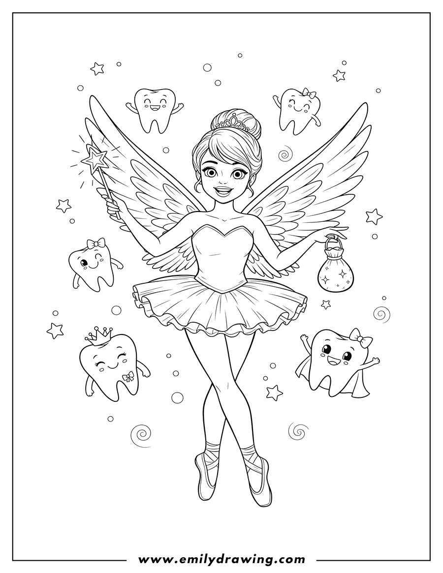 Free printable coloring sheet of smiling Ballerina Tooth Fairy with wings surrounded by happy teeth