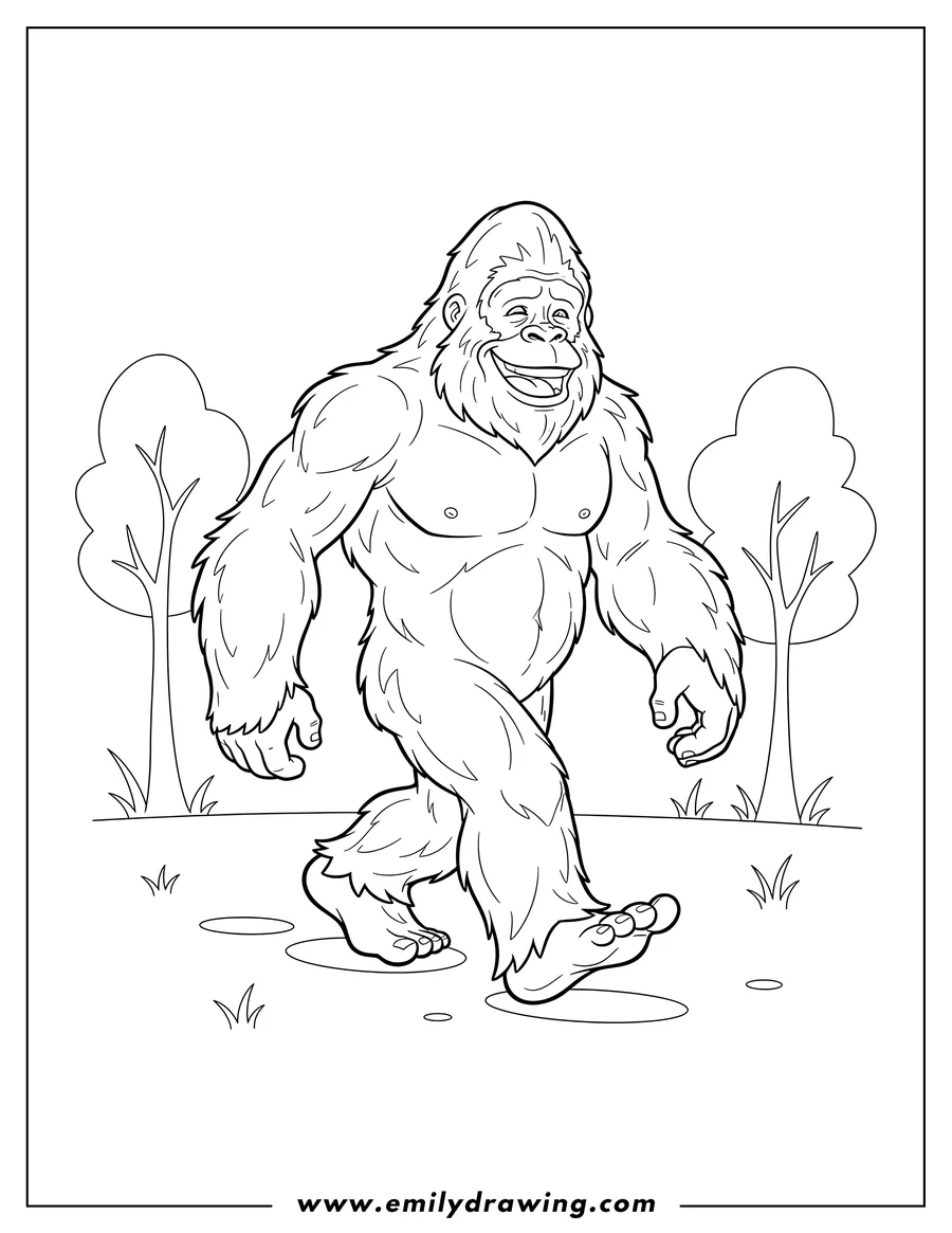 Full page coloring image of smiling Bigfoot Outline walking