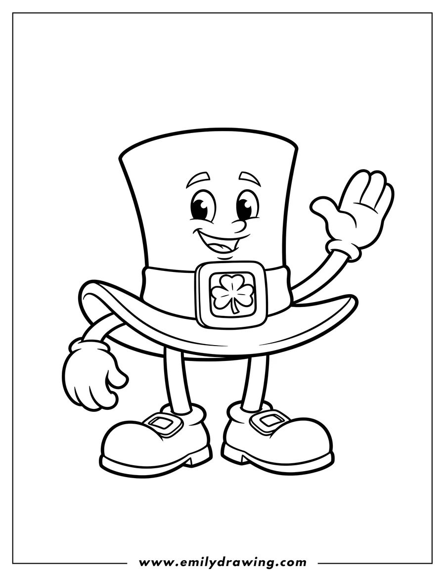 PDF style coloring page: smiling Cartoon Leprechaun Hat character, waving hands, wearing shoes and gloves