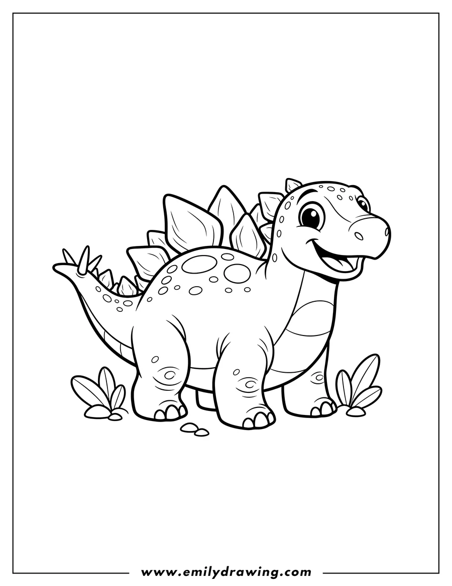 Linear illustration of A smiling cartoon Stegosaurus with back plates and tail spikes