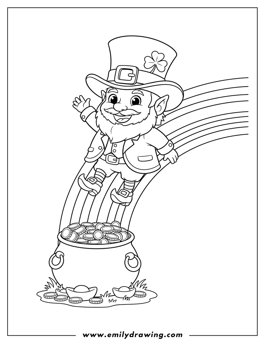 Printable coloring page of chibi Leprechaun smiling and waving, sliding down rainbow to an overflowing pot of gold