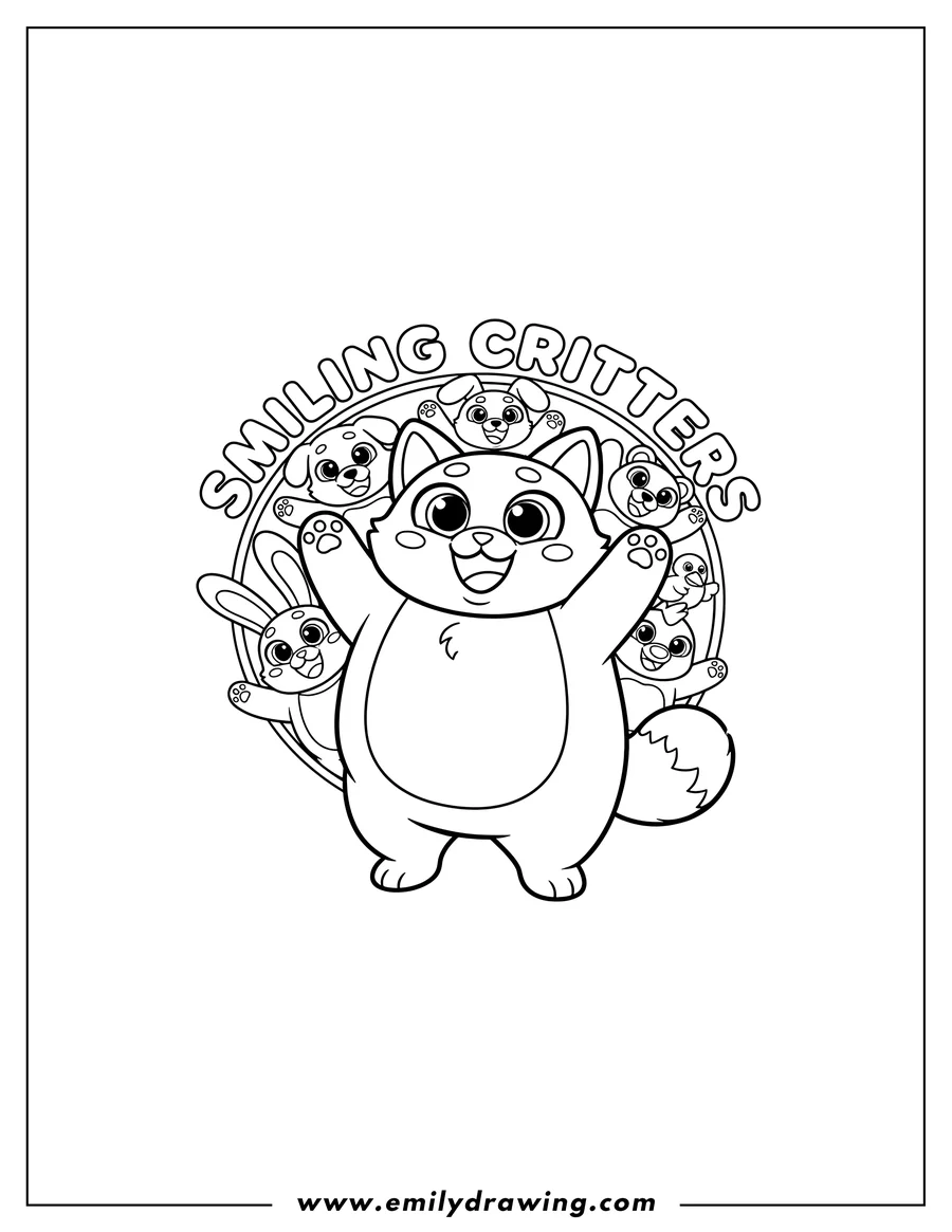 Coloring page of smiling Critters Logo with many happy cartoon animal characters waving