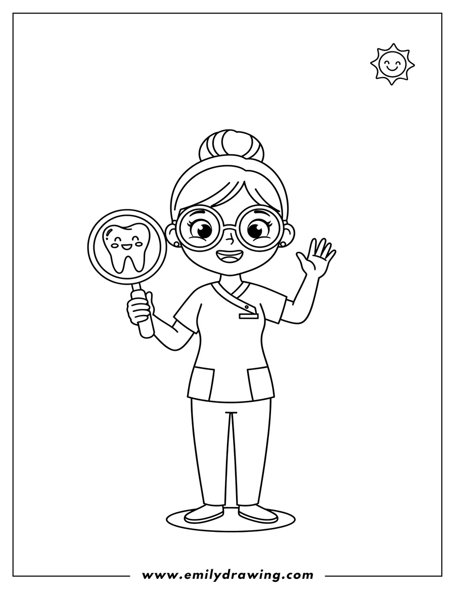 Coloring page of smiling female dentist wearing glasses, holding a magnifying glass with a tooth inside