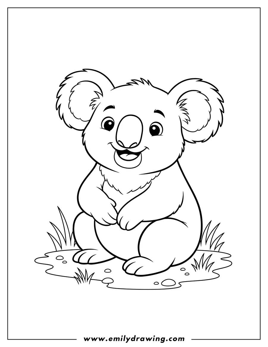 Outline drawing of smiling Koala Bear with a large nose sitting on grass, to color scaled
