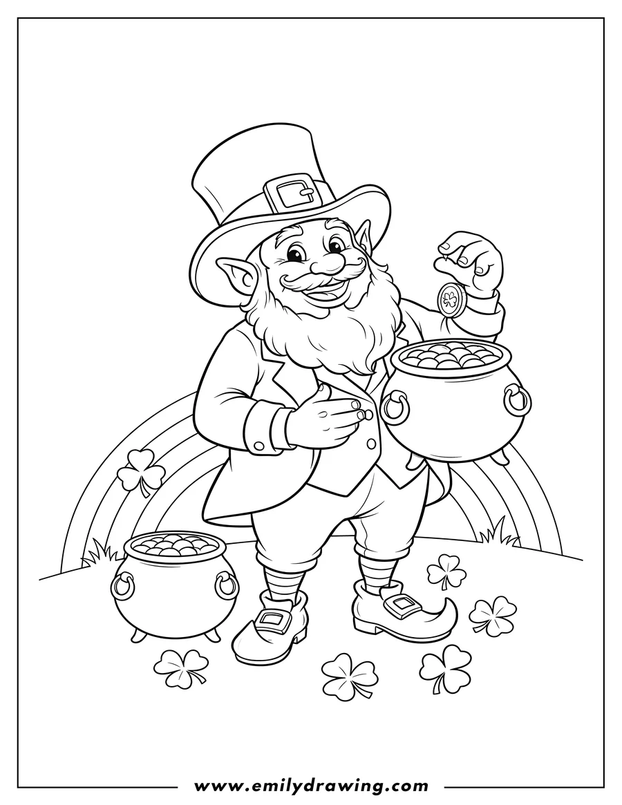 Coloring page for kids: smiling leprechaun holding a pot of gold and dropping a coin, with another pot of gold and shamrocks