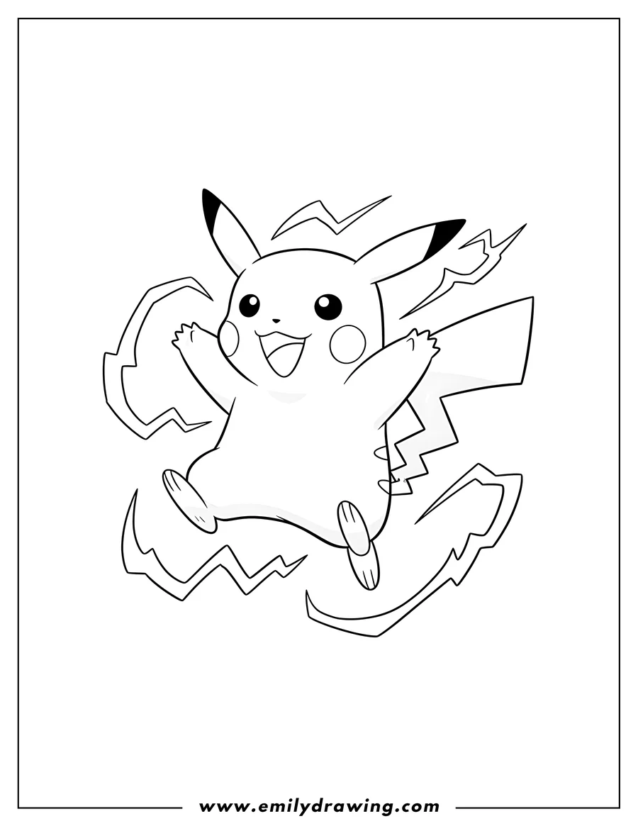 Clean line drawing: smiling Pikachu Cartoon, mid-air with lightning