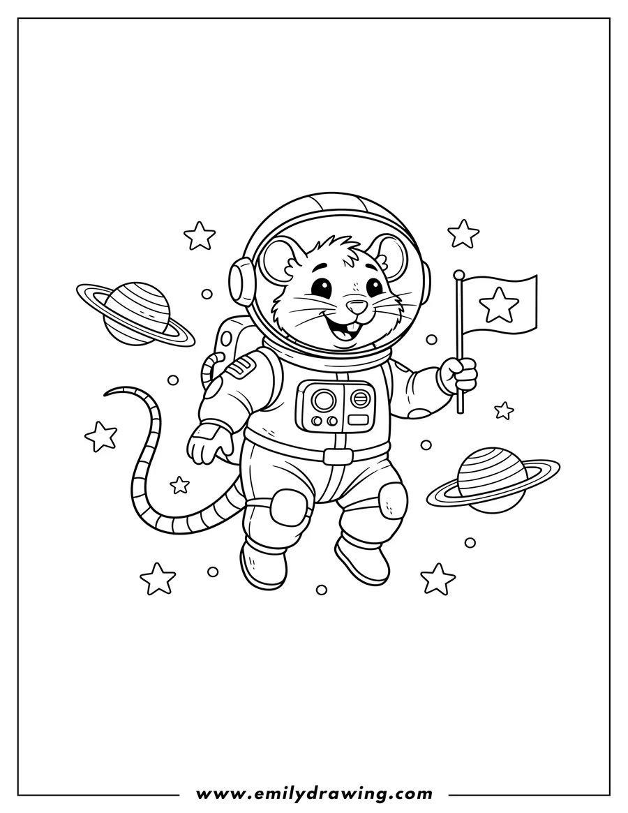 Coloring page of smiling Rat Astronaut floating with its tail visible, surrounded by planets and stars