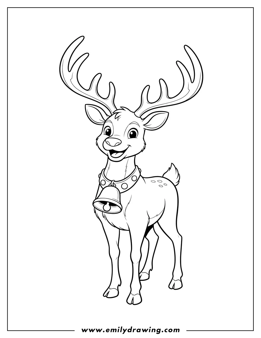 Outline drawing of smiling Reindeer With Collar, standing with large antlers and a bell