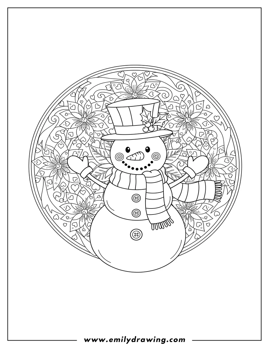Free to print drawing of smiling Snowman with hat, scarf, and stick arms in front of a Christmas Poinsettia Mandala featuring hearts