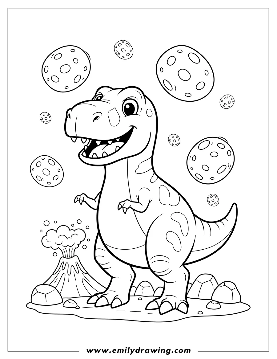 Outline drawing of easy To Color Smiling T Rex Dinosaur With falling Astroids Scaled