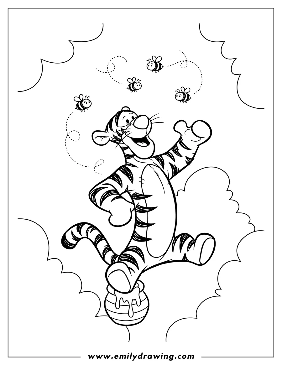 Printable coloring page of smiling Tigger looking up at bees flying around him