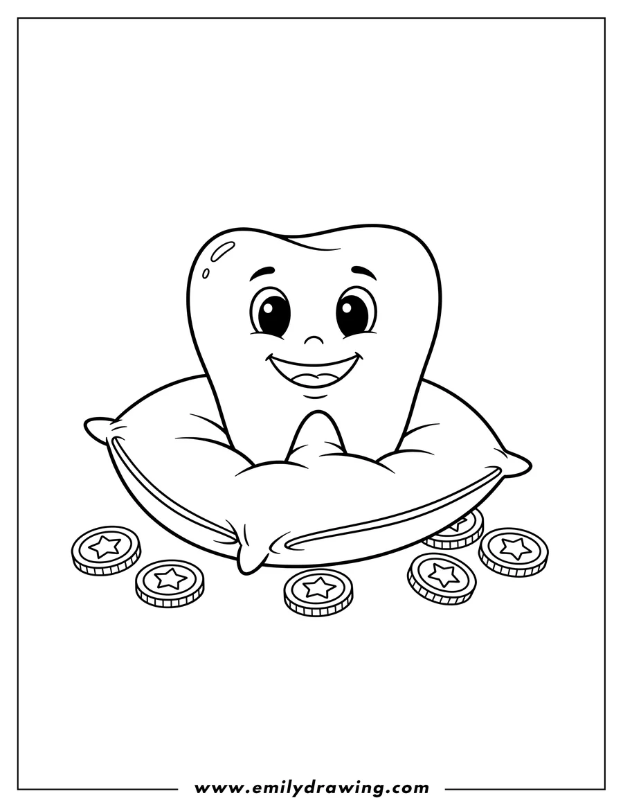 Simple sketch of smiling tooth on a pillow with gold coins to color