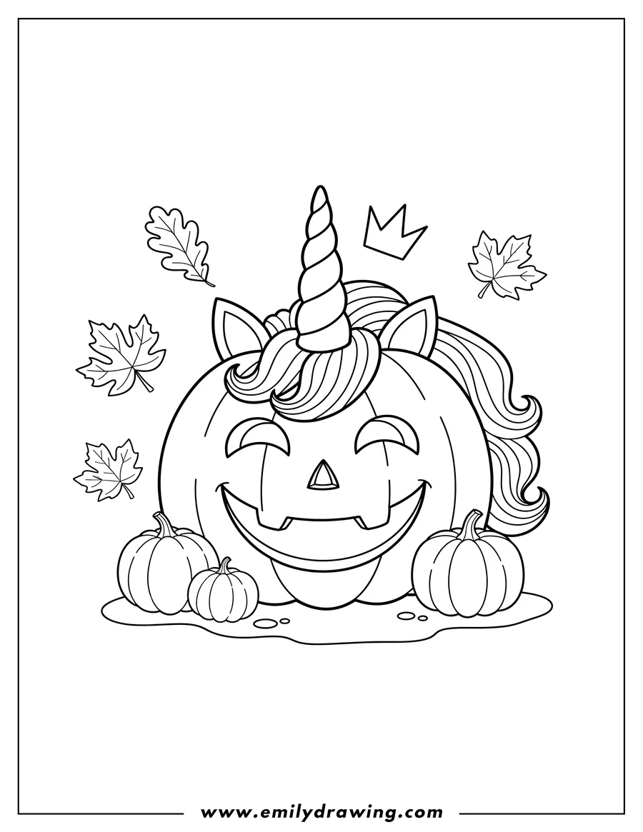 Black and white line art of smiling unicorn Jack O'Lantern with smaller pumpkins at its base and scattered autumn leaves