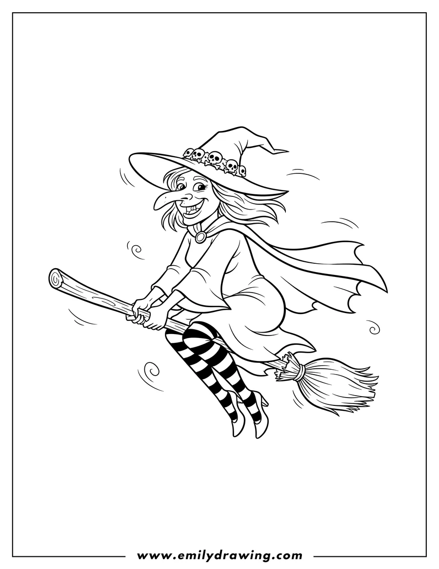 Coloring page for kids: smiling witch with a pointed nose and chin, wearing a hat with skulls and striped stockings, riding a broomstick