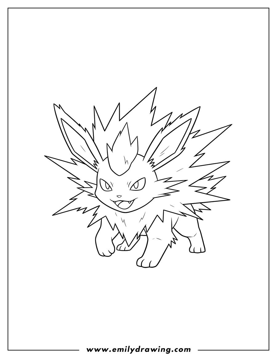 Outline drawing of smirking Jolteon Fighting Stance, on all fours, with spiky fur