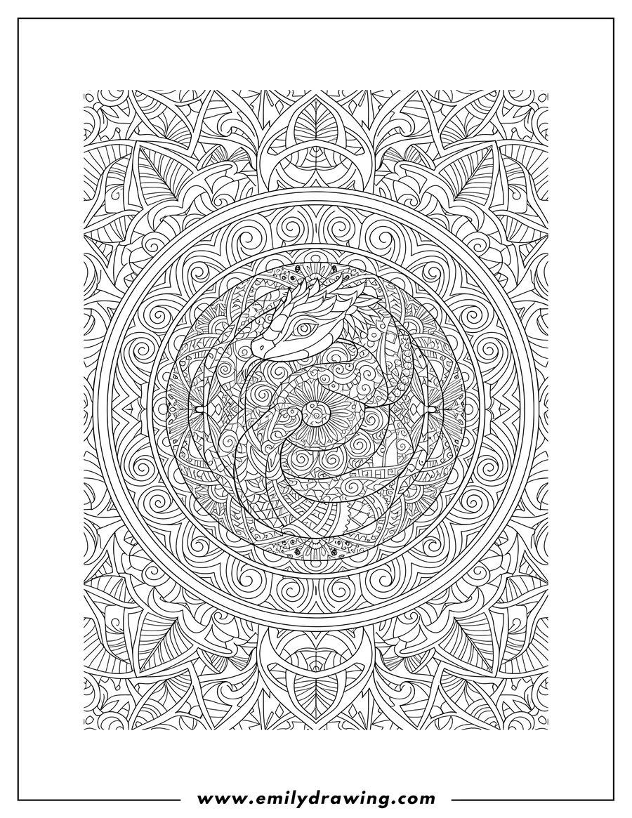 Vector style outline of refined Scene: Snake Biting Its Tale Inside Round Zentangle, with a bird-like head, a layered inner pattern, and a decorative outer border