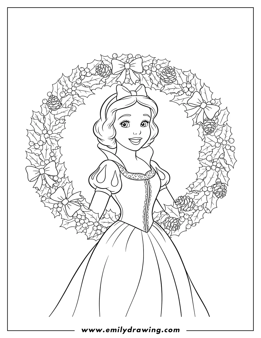 Full page coloring image of snow White smiling, framed by a Christmas wreath