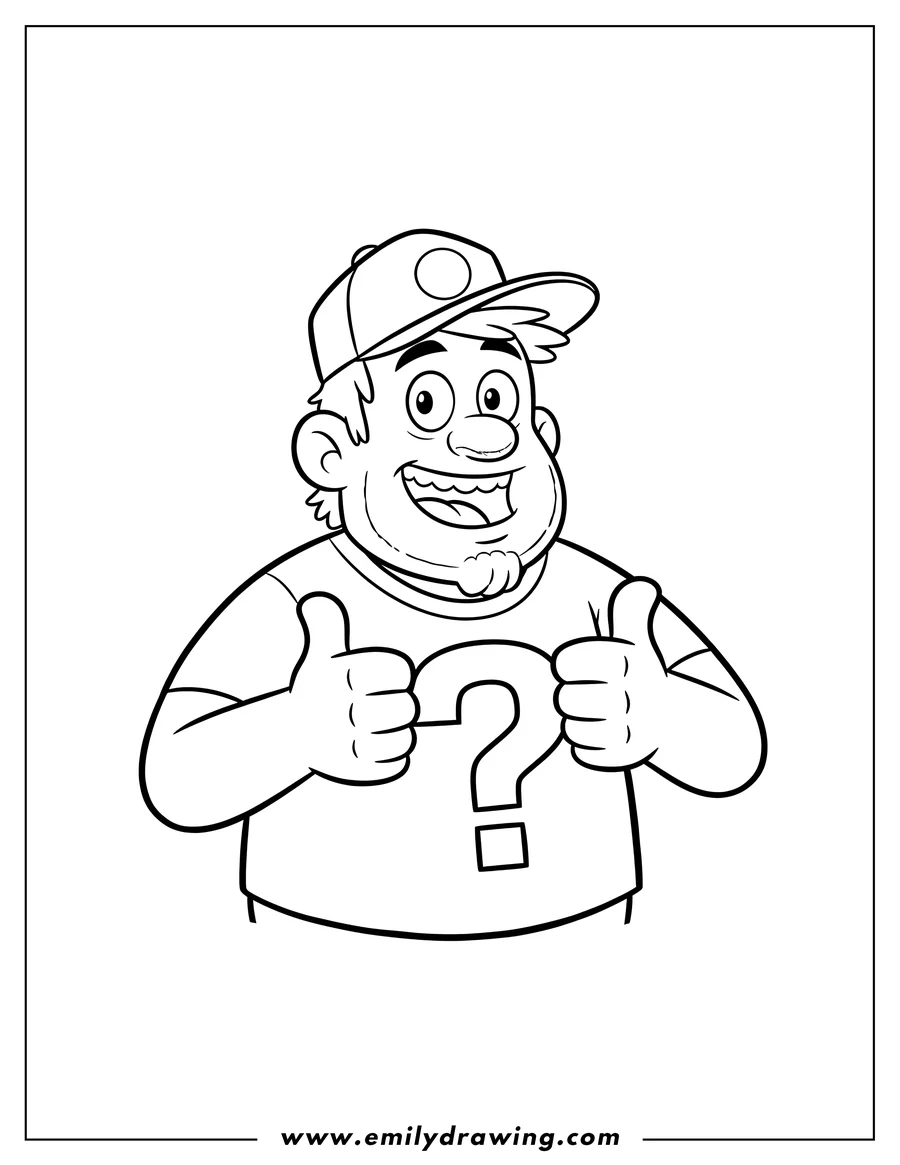 Linear illustration of soos Ramirez wearing a cap and a question mark shirt, giving thumbs up with a happy expression