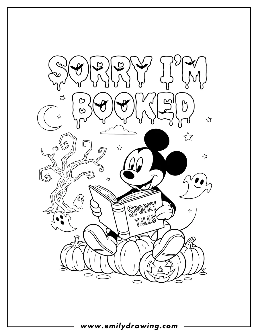 Linear illustration of sorry I'm Booked dripping text with Mickey Mouse sitting and reading a horror story book, in a Halloween setting