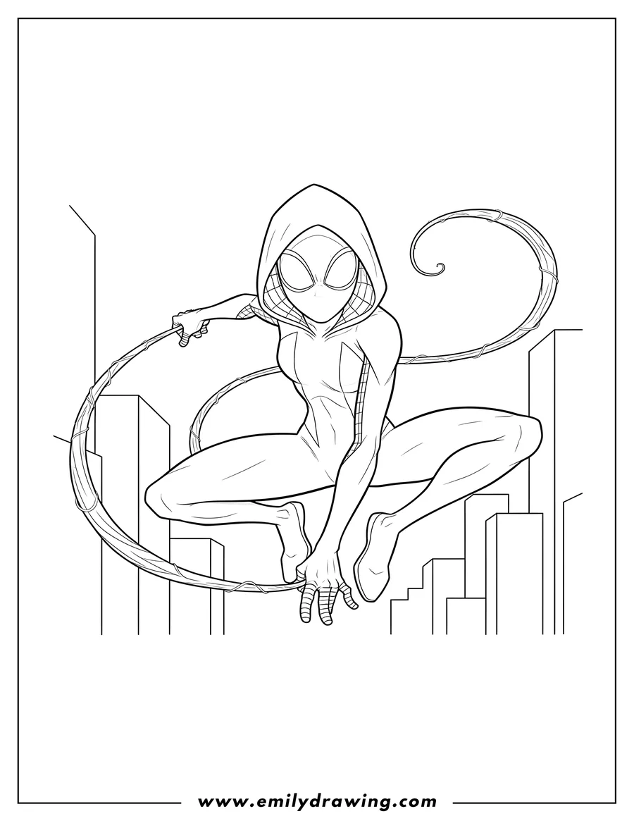 PDF style coloring page: spider Gwen in a crouching pose, shooting web, with her hood up