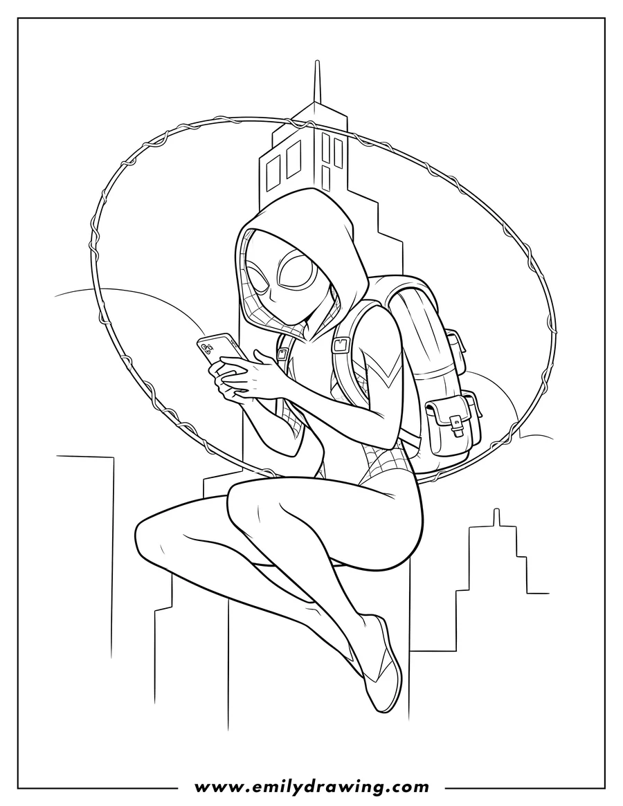 Downloadable coloring page of spider Gwen swinging from a web, texting on her phone, and wearing a backpack