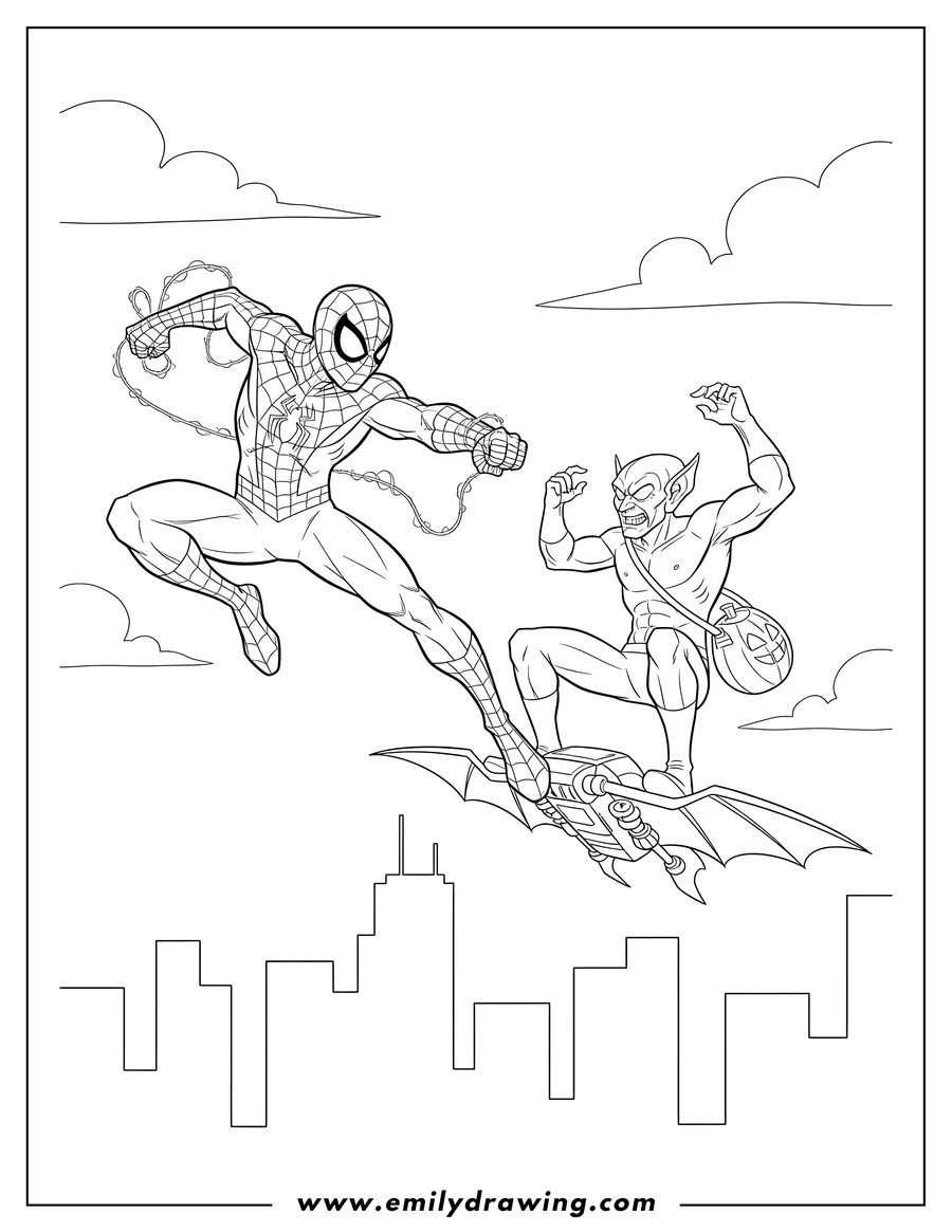 Coloring page of spider Man lunging with a punch at Green Goblin on his glider, mid-air