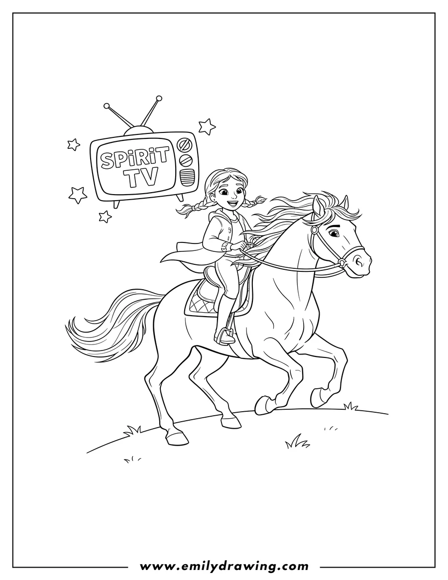 Downloadable coloring page of spirit Tv, a girl riding her horse