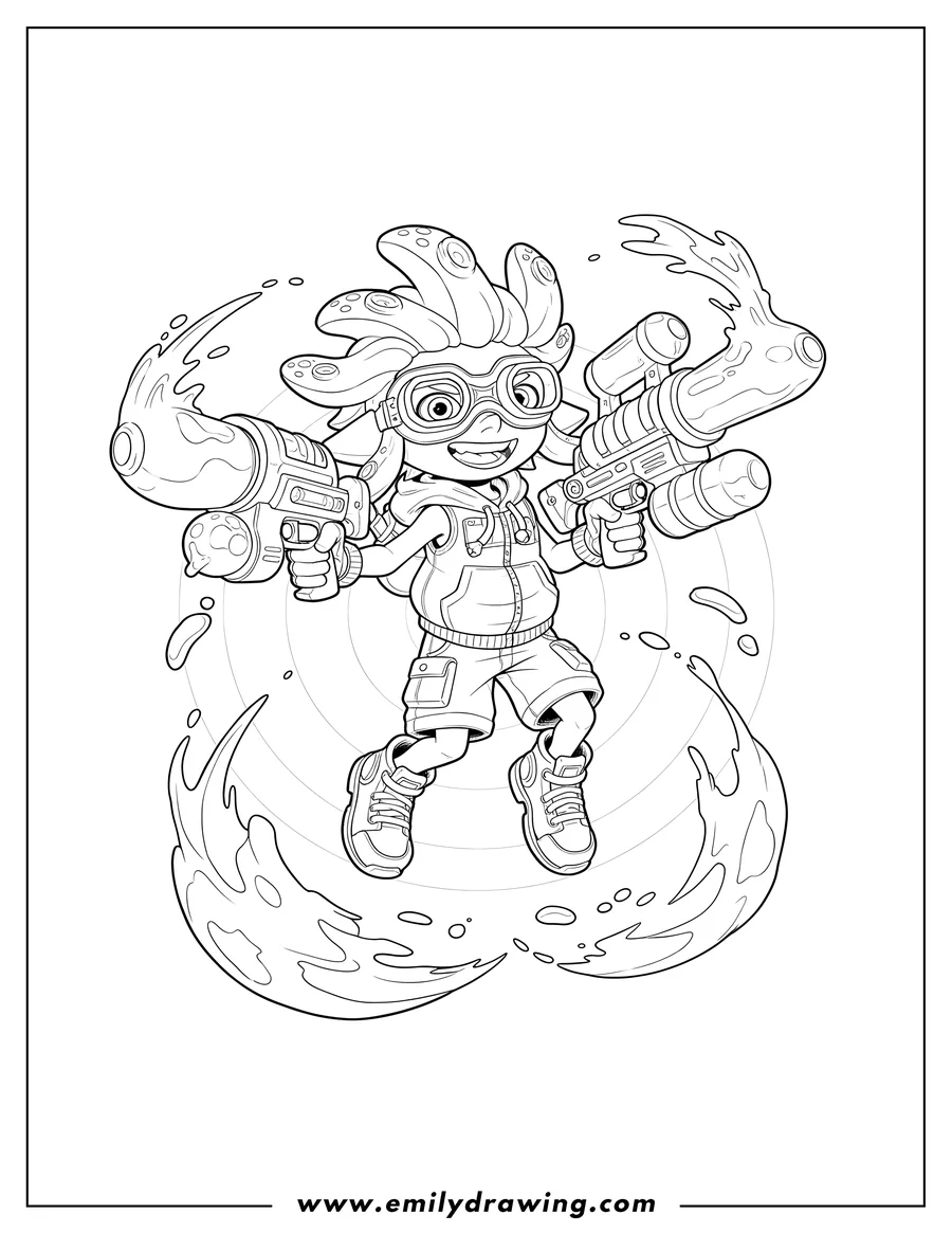 Simple sketch of splatoon Inkling wearing goggles, smiling, and holding two ink blasters in a dynamic pose to color