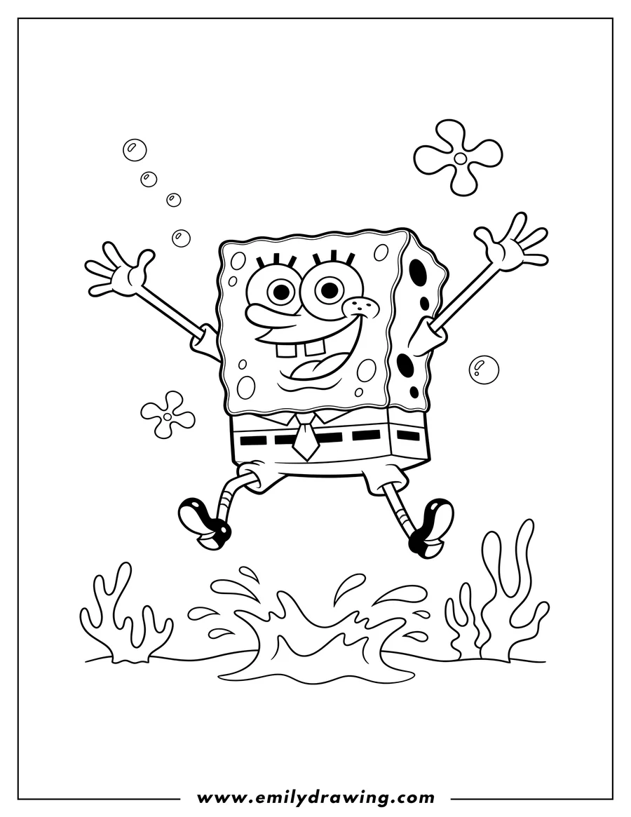 Printable line art of spongebob from TV jumping happily