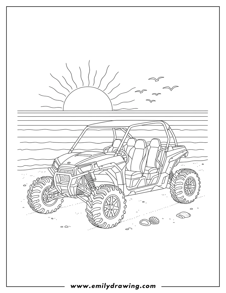 Outline drawing of sport UTV parked on a beach at sunset with birds flying over the ocean