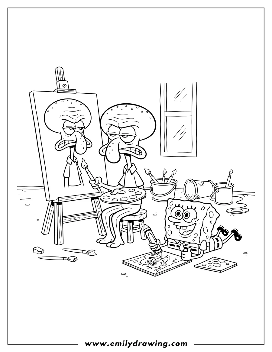 Downloadable coloring page of squidward And Spongebob Painting Self Portraits, with Squidward at an easel and Spongebob drawing on the floor