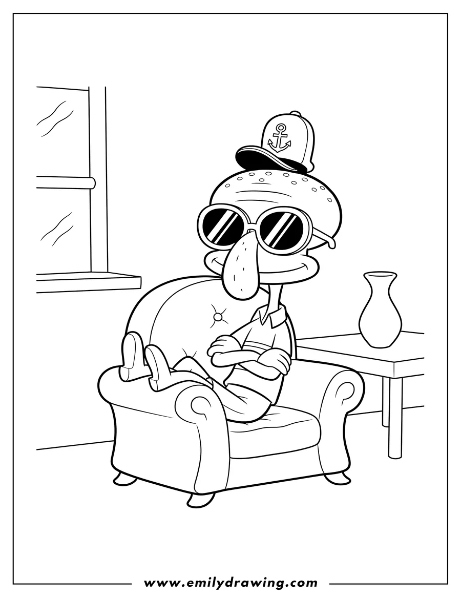 Outline drawing of squidward Resting On Chair, wearing a hat with an anchor and sunglasses, with arms crossed