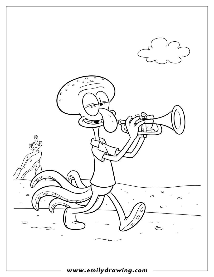 Free to print drawing of squidward walking and playing trumpet
