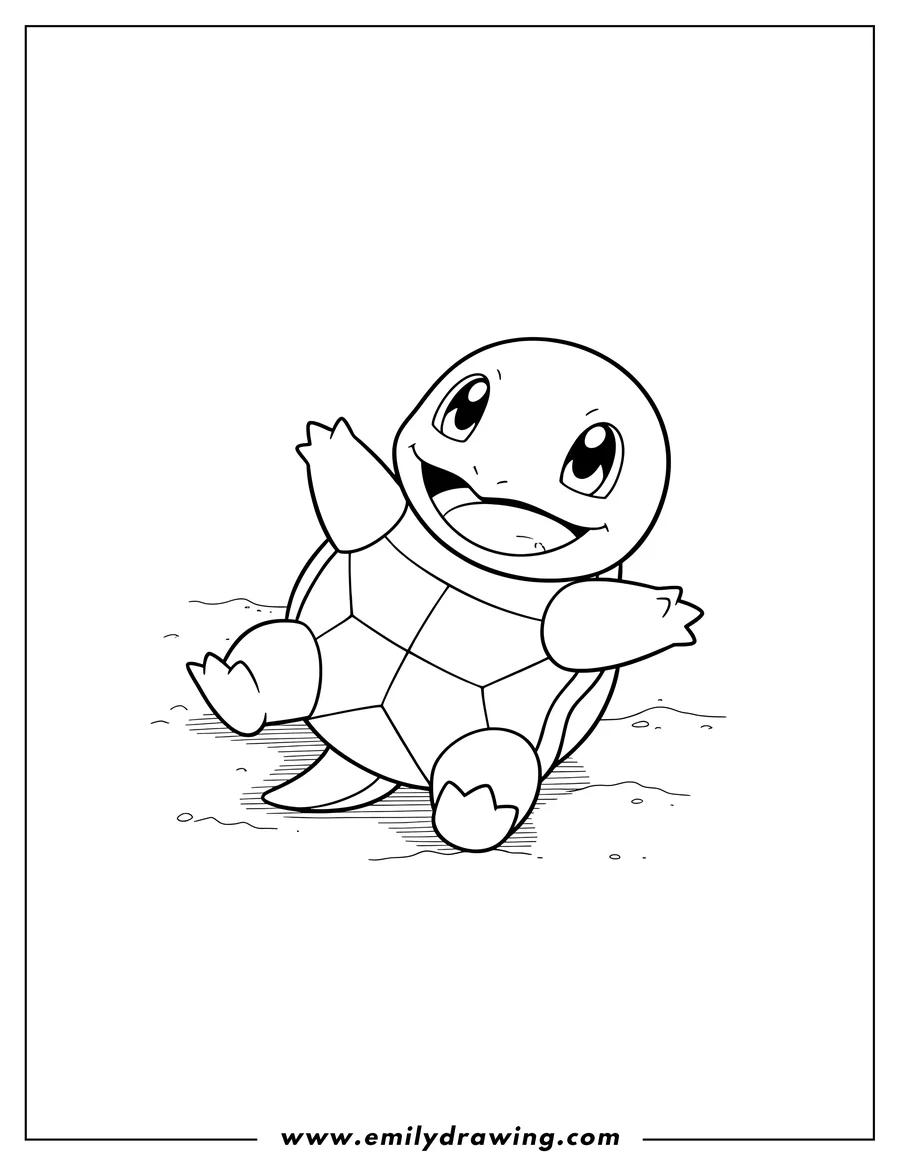Clean line drawing: squirtle lying on its back on sand, smiling