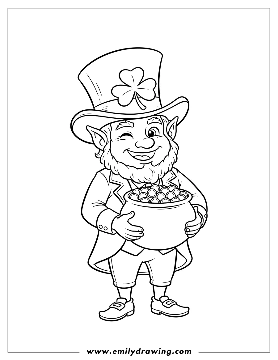 Printable coloring page of st Patrick S Day winking Leprechaun wearing a top hat with a shamrock, holding a pot of gold