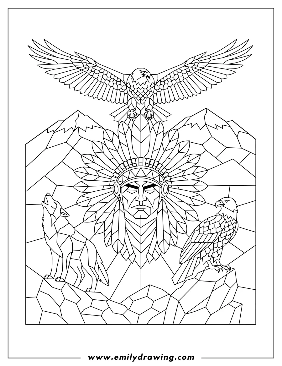 Printable line art of stained Glass Native American Chief Feather Headdress with a flying eagle, perched eagles, a howling wolf, and mountains