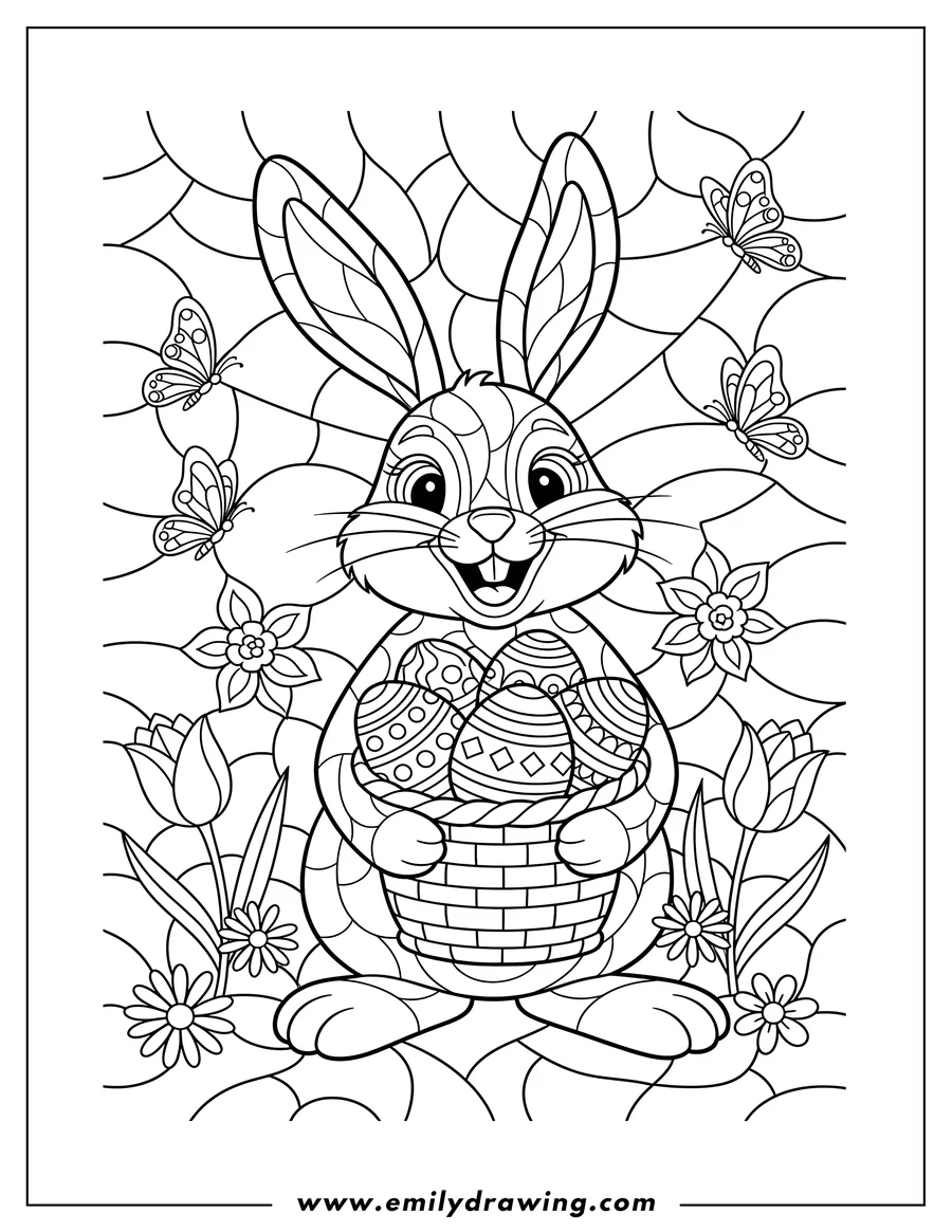 Printable coloring page of stained Glass Easter Bunny smiling with butterflies, holding a basket of decorated eggs amidst spring flowers