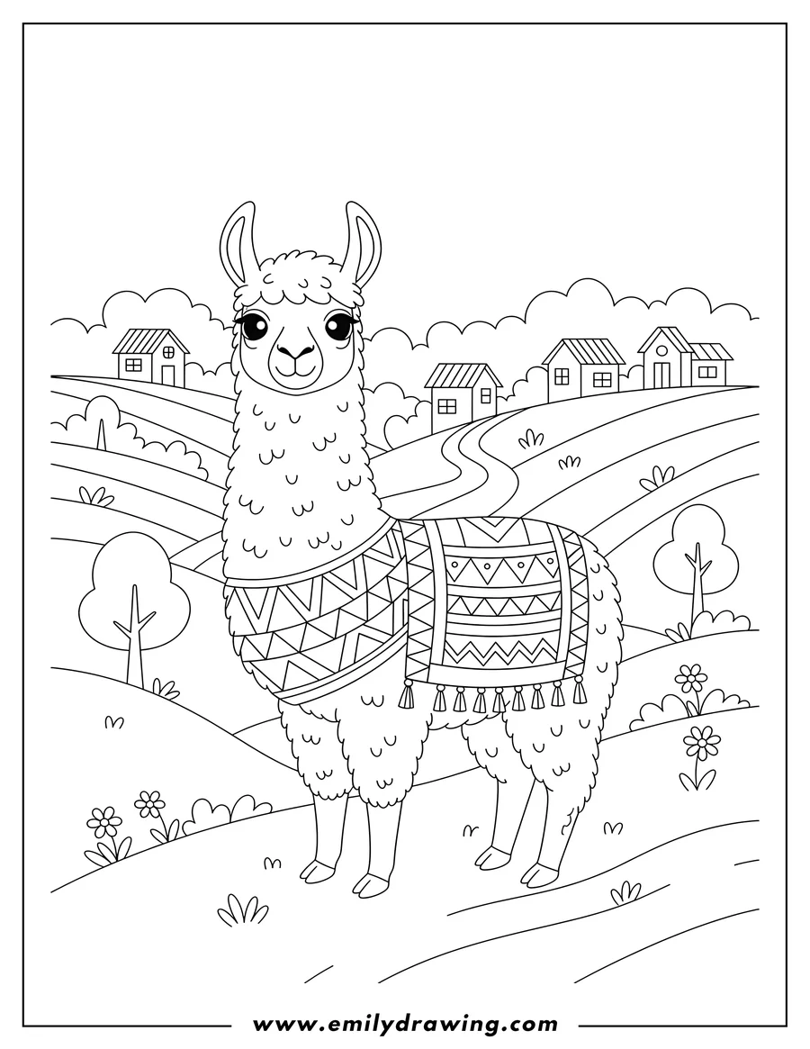 Coloring sheet featuring A standing llama wearing a patterned blanket in rolling hills with village homes
