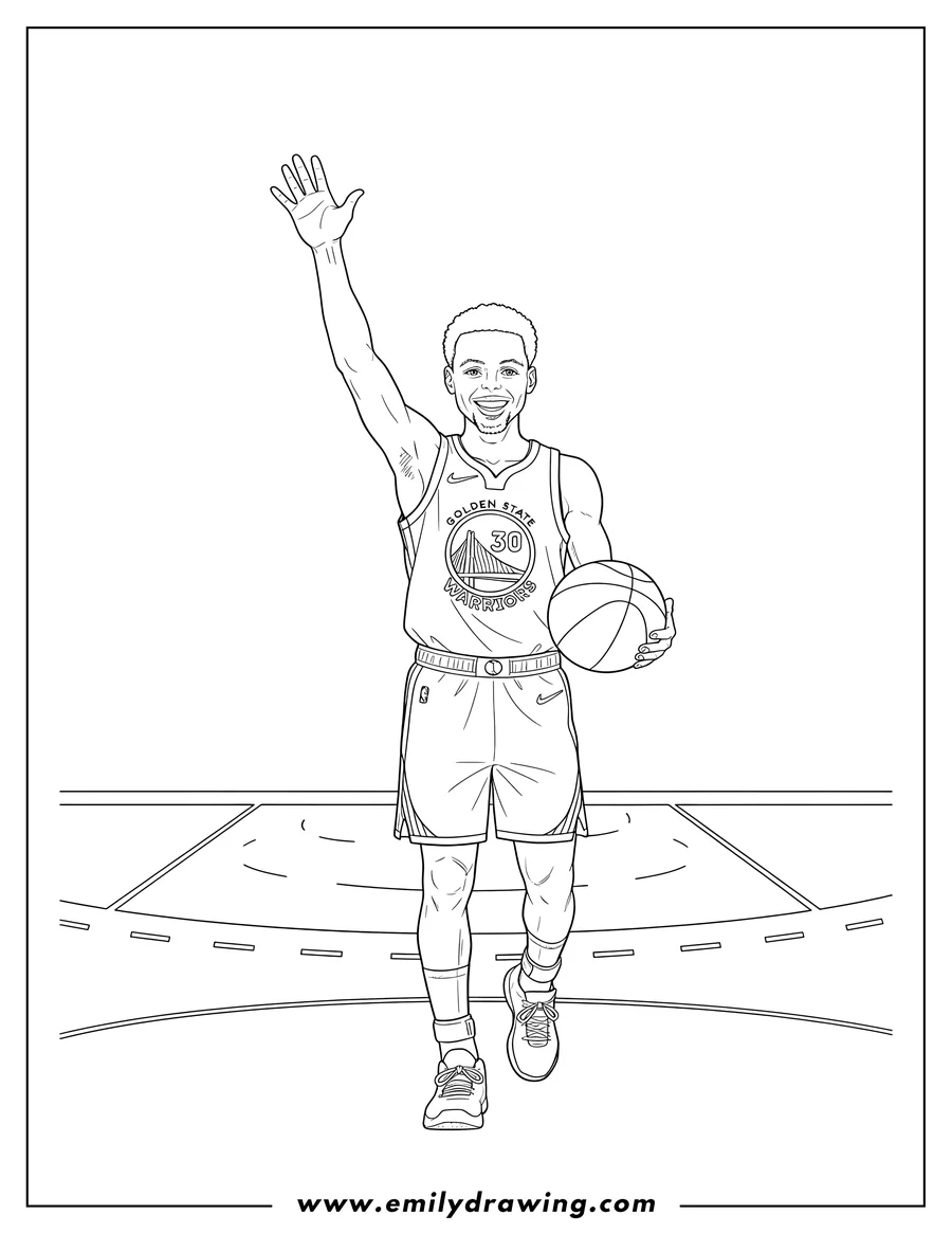 Black and white line art of stephen Curry standing with his arm raised, smiling, in his Golden State Warriors jersey number 30