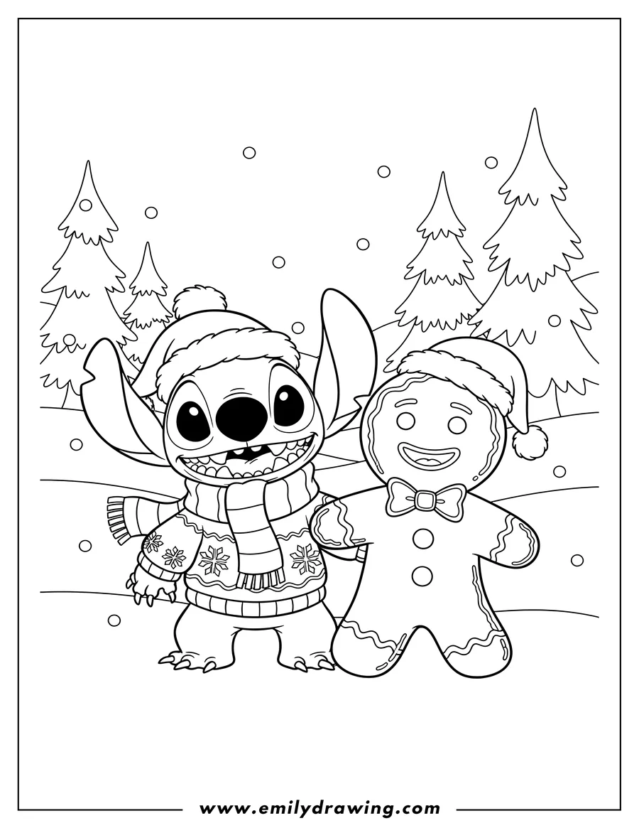 Printable line art of stitch and Gingerbread Man in Santa hats and festive winter outfits, standing together and smiling, with a snowy Christmas background