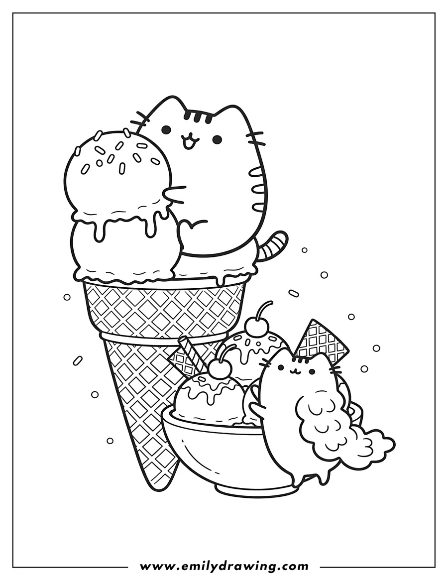Full page coloring image of stormy And Pusheen Eating Ice Cream Scaled, with Pusheen in a giant cone and Stormy reaching for a bowl