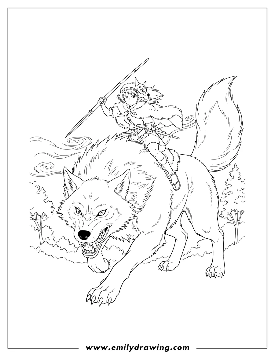 Clean line drawing: studio Ghibli Princess Mononoke San riding a snarling Moro